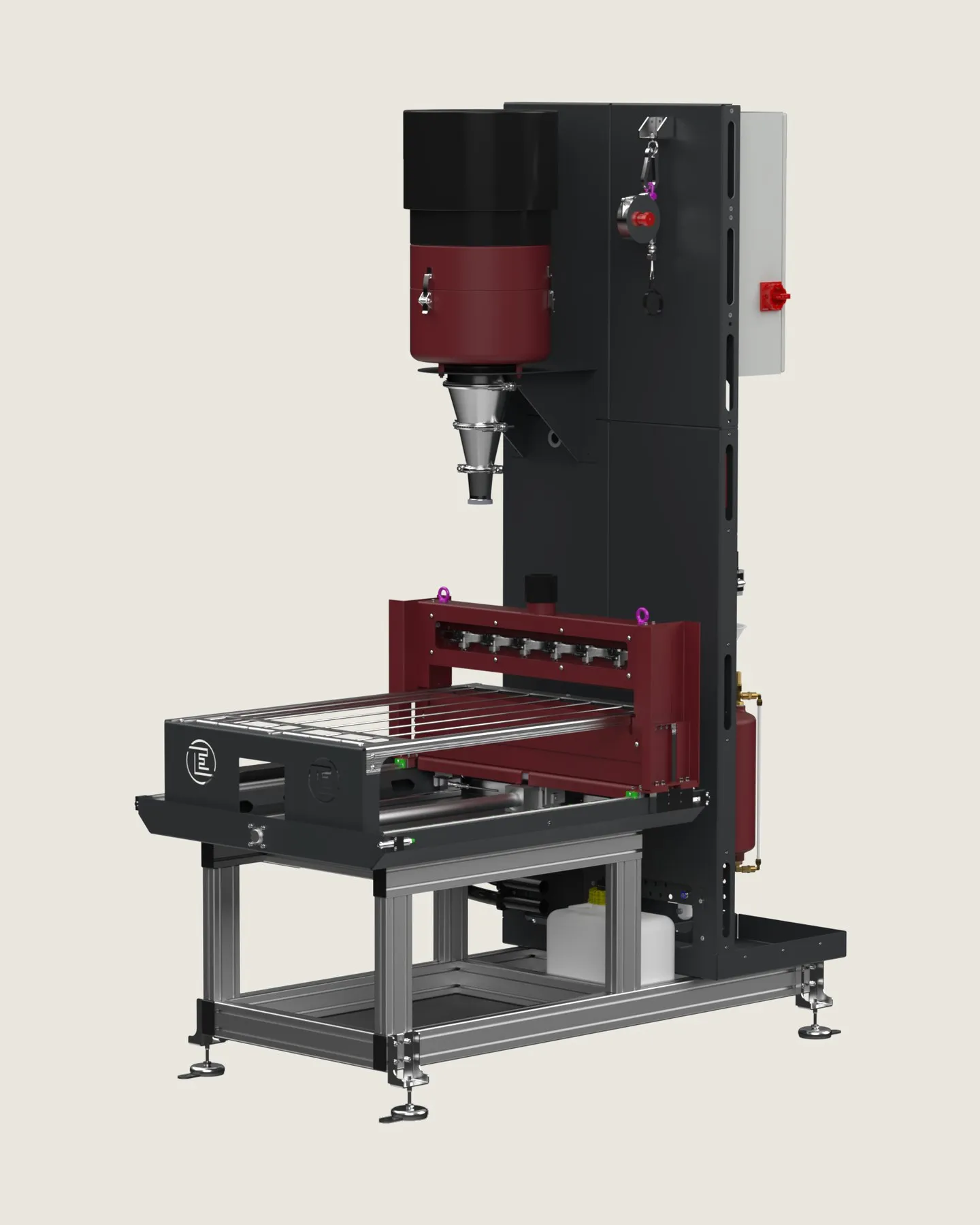 EOS 1 MOVE spray oiler with control cabinet and workpiece table.