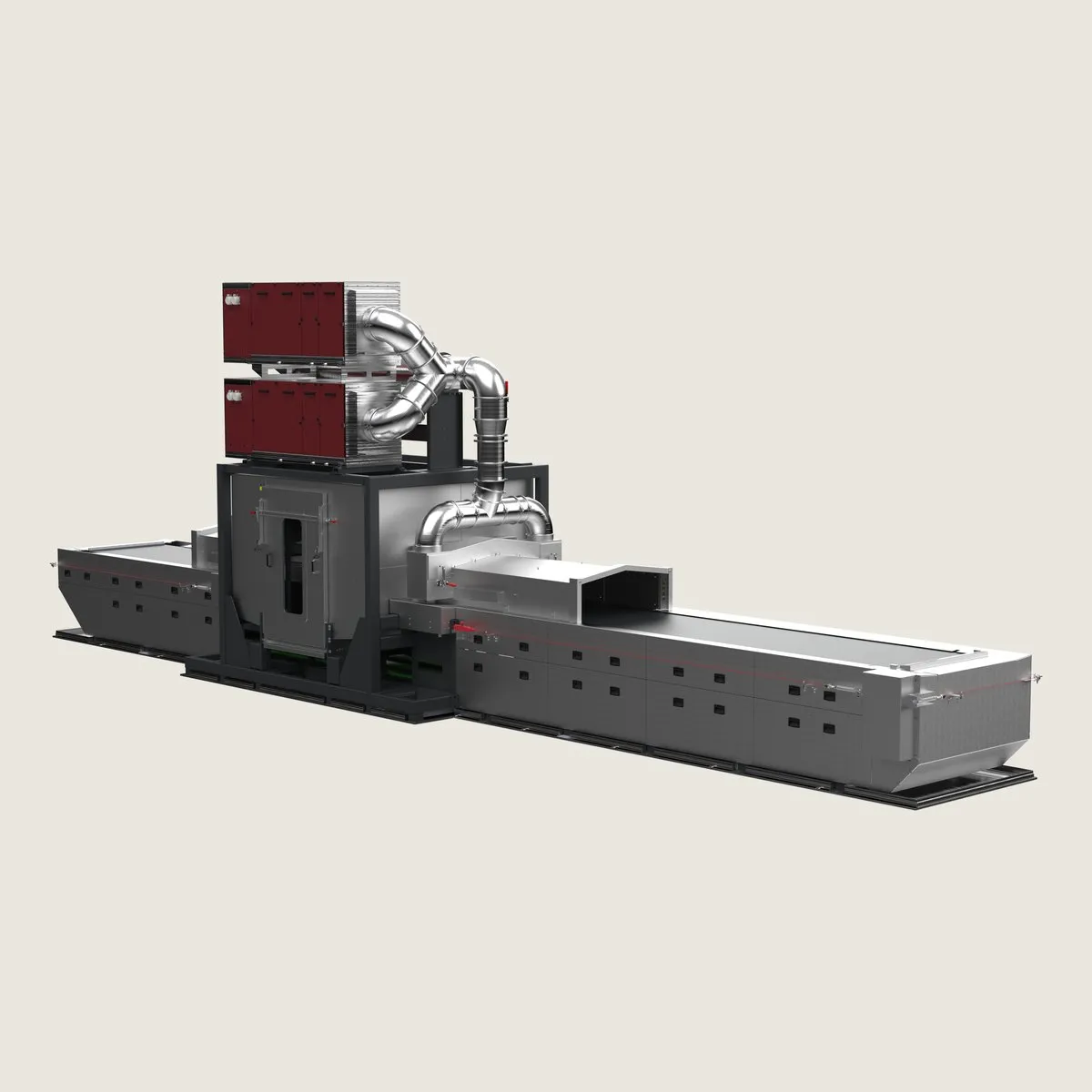 Preservation system with spray chamber, extraction and pass-through conveyor.